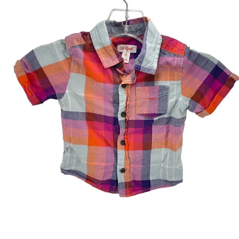 Cat & Jack 2T plaid shirt sleeved button front up down bright colorful